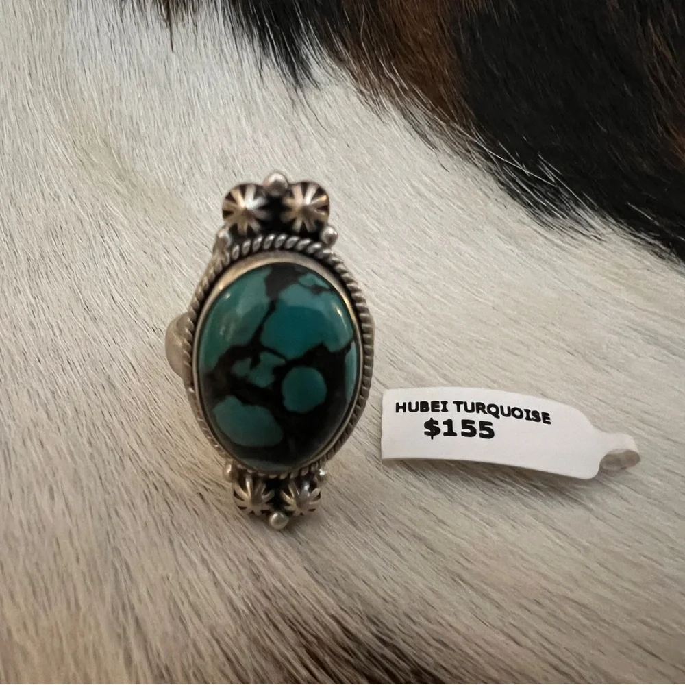 ❤️ Hubei Turquoise Navajo Style Spiderweb Decorative ADJ Oval Matte 925 Ring - Picture 4 of 14